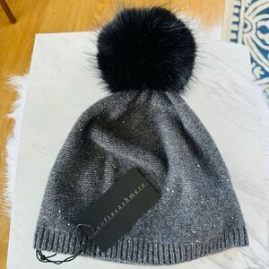 Sofia Cashmere Sequin 100% Cashmere Beanie with Faux Fur Pompom Gray/Black, NWT